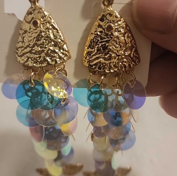 Earrings, fish with pearlescent scales, Goldstone. NWOT - Picture 4 of 6